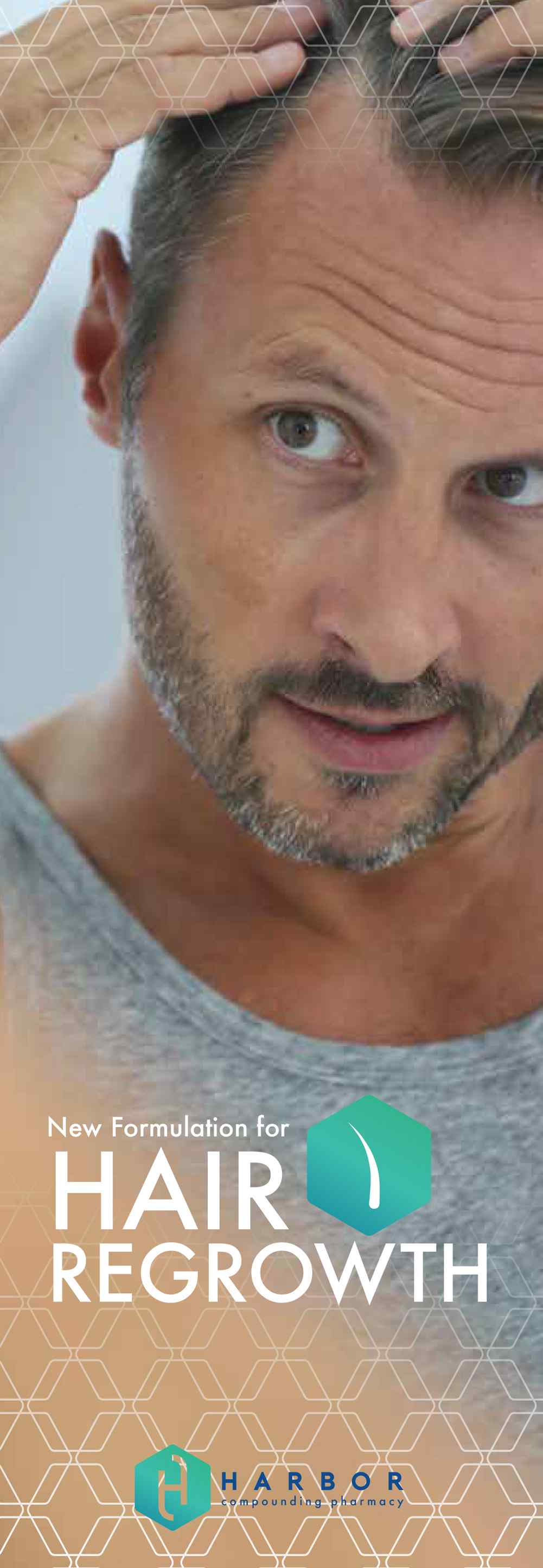 a man checking out improvement in his baldness, hair loss and hair thinning treatment product image